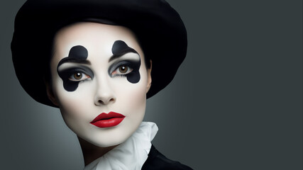 Studio portrait of a beautiful woman in black and white clown makeup. A performer or female miime. Copy space.