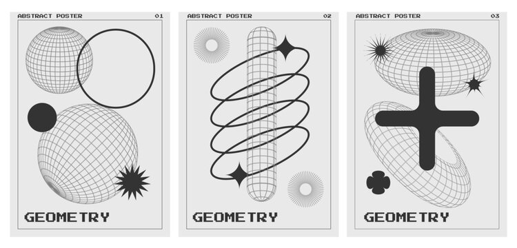 Vector minimalistic posters in brutalist style with basic silhouette figures, unusual graphic elements of composition of geometric frame figures. Modern minimalist Set of vector poster templates.