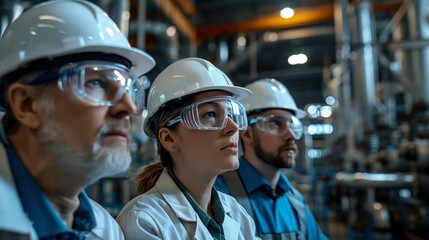 Professional team of chemists in a safety meeting at a chemical manufacturing plant, serious expressions, with industrial equipment in the backdrop - obrazy, fototapety, plakaty