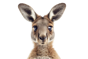 A kangaroo is standing on a black background. The kangaroo is looking at the camera with serious and confident expression on its face.