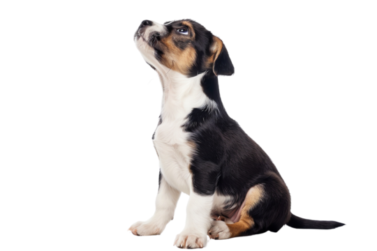 A cute puppy is sitting and looking up with a curious expression on its face