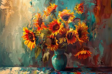 vibrant sunflower still life colorful floral arrangement in vase oil painting style