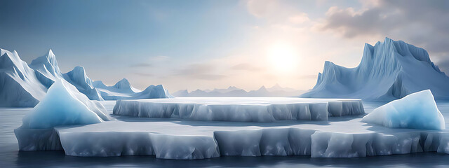 Ice background podium cold winter snow product platform floor frozen mountain iceberg.Podium glacier cool ice background stage landscape display icy stand 3d water nature pedestal arctic concept cave