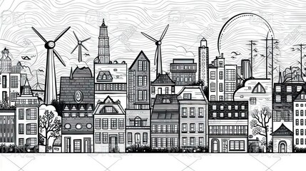 Detailed Monochrome Illustration of a Sustainable Urban Landscape with Renewable Energy Sources