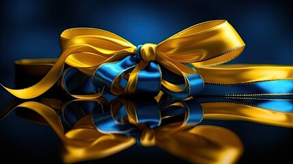 Elegant Blue and Gold Satin Ribbons on Reflective Surface, Symbolic Colors