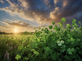 Lush field of clover under dramatic sky with sun setting, rising on horizon, casting warm glow, creating serene atmosphere. Foreground dominated by vibrant green clover leaves, some in focus.