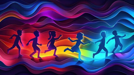 Grupa dzieci i dorosłych biegnie po tęczowej fali w intensywnych kolorach. Akcja toczy się dynamicznie, podkreślając energię i radość - obrazy, fototapety, plakaty
