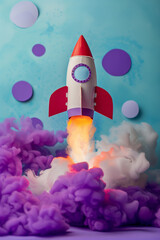 Night launch of a cardboard rocket. Children play time story time. Purple background with copy space. High quality photo