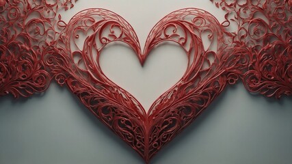 Large, ornate heart shape takes center stage in this image, adorned with intricate red swirls, filigree details against muted gray backdrop.
