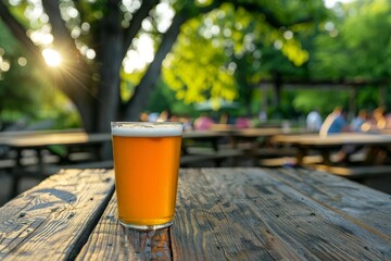 refreshing pint of beer on wooden table at outdoor bar summer relaxation and socializing product photography