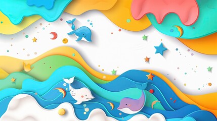 Wycinanka z papieru przedstawiająca kolorowego wieloryba i gwiazdy na tle białego kartonu. Idealna dla dzieci w Dniu Dziecka - obrazy, fototapety, plakaty