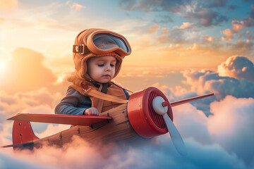 creative illustration of a child toddler flying in the sky. High quality photo