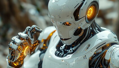 Fototapeta premium Bring to life a sleek, ultra-modern AI robot interacting with human emotions through intricate digital displays, inspired by the concept of collective consciousness Show it from a dramatic low-angle p