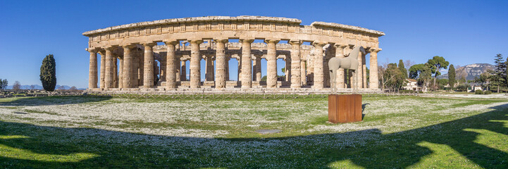 Fototapeta premium Temple of Hera at famous Paestum Archaeological UNESCO World Heritage Site, Province of Salerno, Campania, Italy