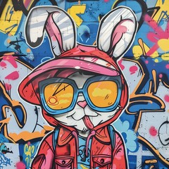 Na obrazku przedstawiony jest królik, który nosi okulary przeciwsłoneczne i czerwoną kurtkę. Jest w stylu komiksowym, a w tle widoczne są dzieci - obrazy, fototapety, plakaty