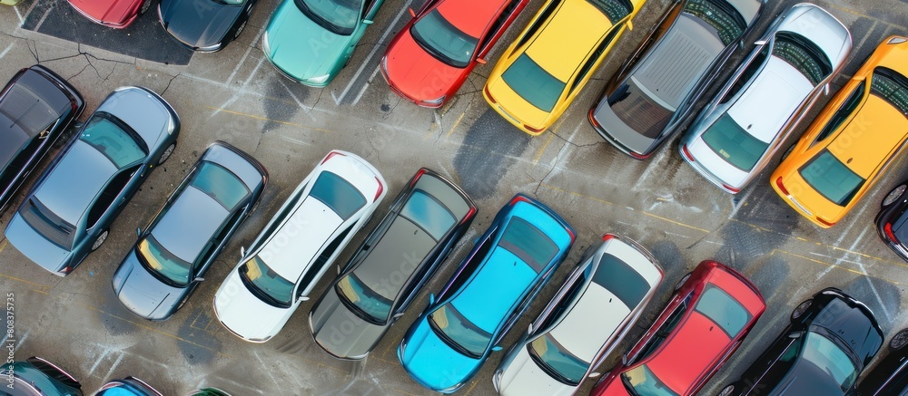 Wall mural Portrait of cars of various colors parked in the parking lot.