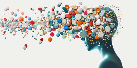 A collage of the head with pills and social media icons on a white background