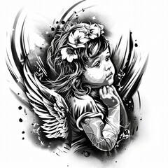 Dziecięca postać z białymi skrzydłami i kwiatem umieszczonym we włosach na tle białego koloru - obrazy, fototapety, plakaty