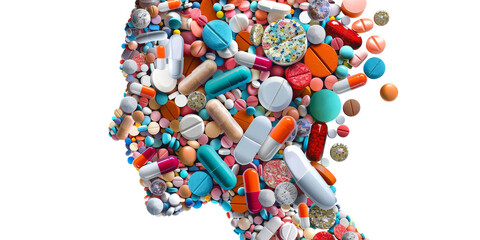 A collage of the head with pills and social media icons on a white background