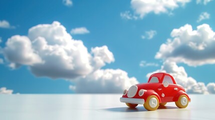 Czerwony samochód zabawkowy stoi na białym stole. Obrazek przedstawia scenę z Dnia Dziecka. Perspektywa z punktu widzenia dziecka