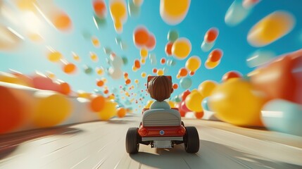Osoba jadąca zabawkowym samochodem ulicą w dzień dzieci. Radośnie wygląda, jak porusza się po ulicy z dużą prędkością - obrazy, fototapety, plakaty