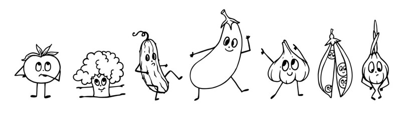 Line sketch, coloring of funny characters from various vegetables and root vegetables. Vector graphics.
