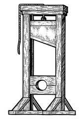 Guillotine medieval execution sketch engraving PNG illustration. T-shirt apparel print design. Scratch board imitation. Black and white hand drawn image.