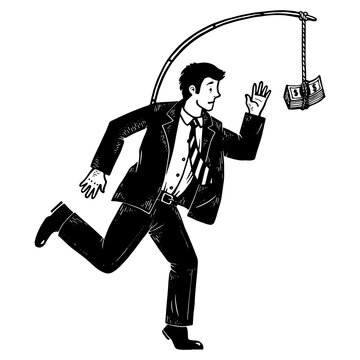 Businessman chasing money that is tied to him sketch engraving PNG illustration. Metaphor of hedonic treadmill. T-shirt apparel print design. Scratch board style imitation. 