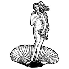 Birth of Venus ancient picture sketch engraving PNG illustration. T-shirt apparel print design. Scratch board imitation. Black and white hand drawn image. © Oleksandr Pokusai