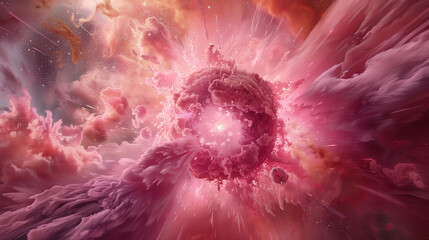 Vibrant cosmic explosion in hues of pink and purple, depicting a stellar phenomenon or abstract scientific concept.
