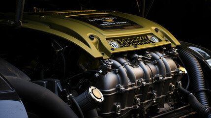 Studio lighting captures the intricate details of the high-performance vehicle's customized intake manifold