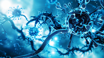 blue viruses with tentacle-like structures in a scientific medical research context
