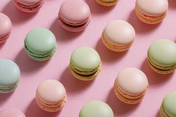 Obraz premium Pattern of colorful macarons in pastel colors neatly arranged on a uniform pink background.