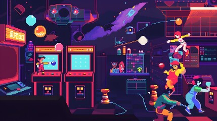 retro arcade with pixelated characters and vibrant colors