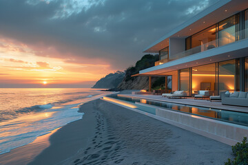 Expansive beachfront villa in Malibu with minimalist design, glass walls and turquoise tones,...