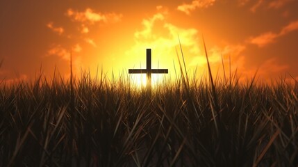 Majestic Sunset Behind a Silhouetted Cross in a Field of Tall Grass