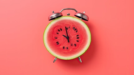 Creative Image of Watermelon Slice Shaped as an Alarm Clock on Pink Background