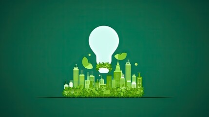 Eco-Friendly Urban Concept with a Large Light Bulb and Green Cityscape