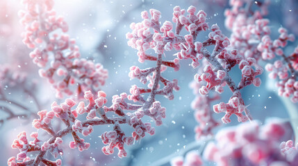 Frosty pink DNA strands depicted in a winter setting, emphasizing genetic research in cold environments or conditions.
