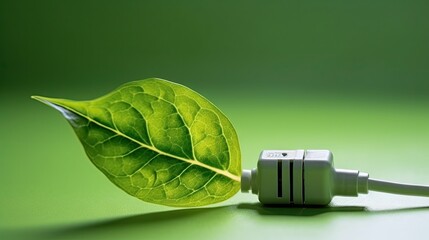 Eco-Friendly Energy Concept with Green Leaf and Electric Plug on Green Background