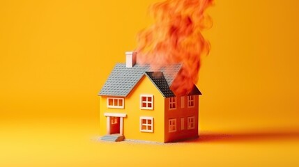 Conceptual Image of a Toy House on Fire Against a Bright Yellow Background