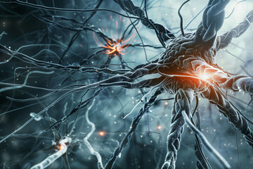 Illustration of neuronal activity in the brain with glowing connections, depicting cognitive processes and brain functions.
