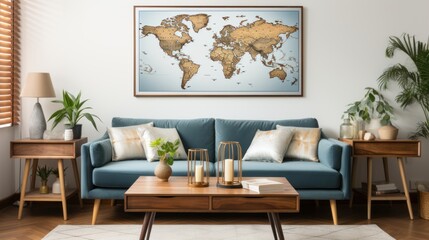 Elegant Living Room Interior with World Map Wall Art, Blue Sofa, and Wooden Furniture
