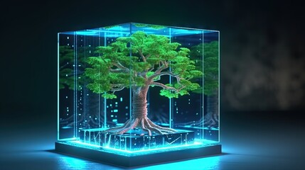 Futuristic Tree Growing in a Digital Cube, Vibrant Nature Meets Technology Concept