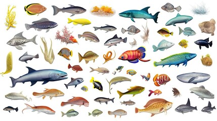 Diverse Collection of Colorful Fish and Sea Creatures Variously Pictured