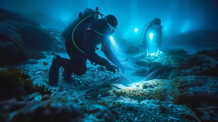 Underwater archaeological dig for Viking relics, lit by bioluminescent sea creatures, historical discovery meets natural wonder