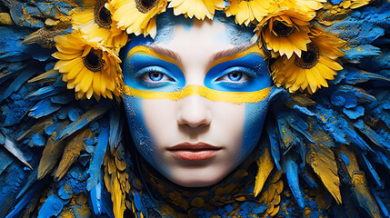 Vibrant Portrait of Woman Adorned with Blue and Yellow Floral Art
