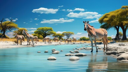 Zebras Cooling Off in a Serene Waterhole Under Sunny Skies, Etosha National Park, Namibia - obrazy, fototapety, plakaty