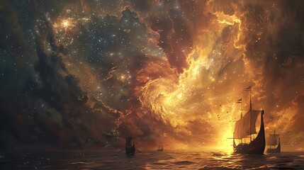 Viking warriors observing a supernova from their drakkar at sea, blending ancient exploration with cosmic events