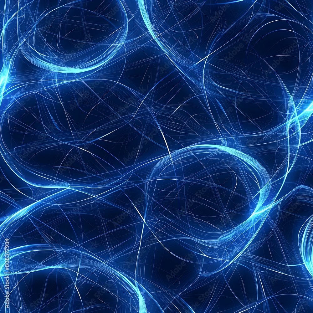 Poster network of blue neon lines forming intricate loops and waves on dark backdrop